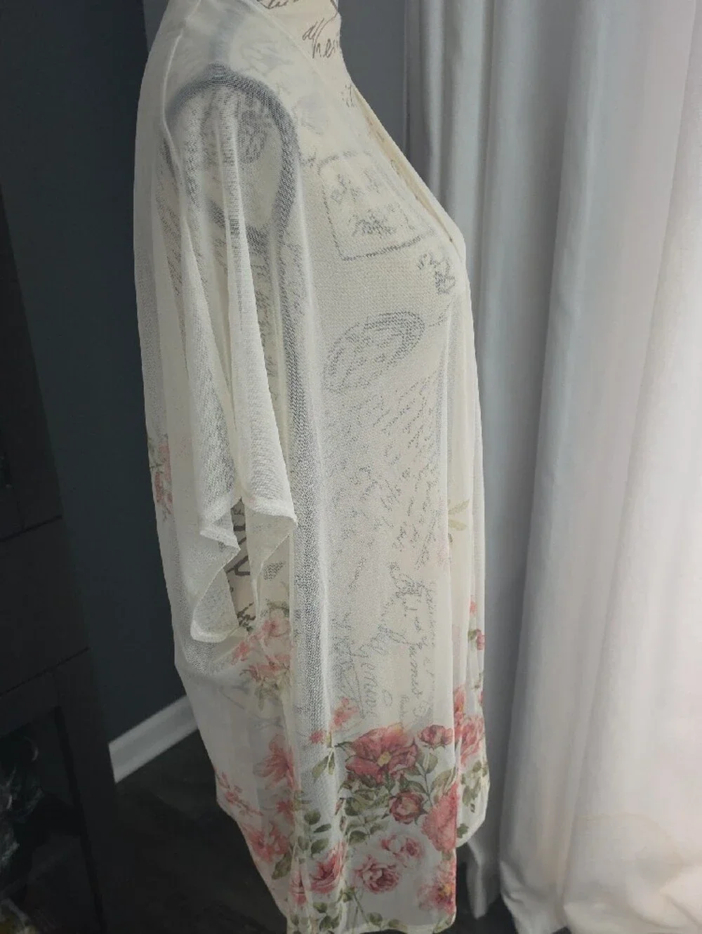 Sheer Floral Kimono Cover-Up - White with Pink Roses